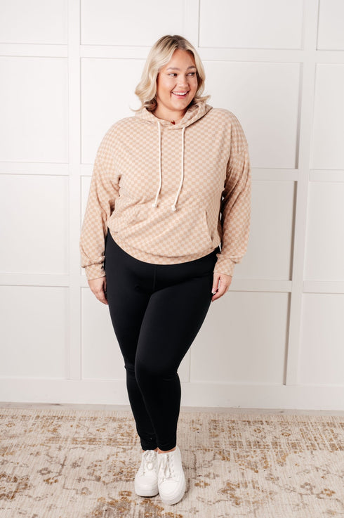 Ask Me Out Checkered Hoodie in Khaki - LISA MARIE BOUTIQUE - Tops - Small -