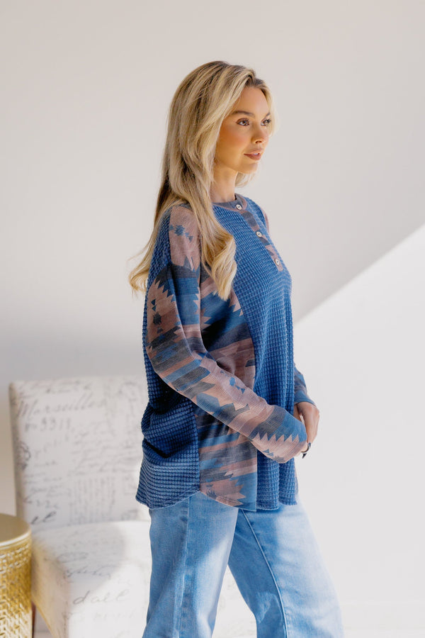 Aztec Waves Long Sleeve - LISA MARIE BOUTIQUE - S -