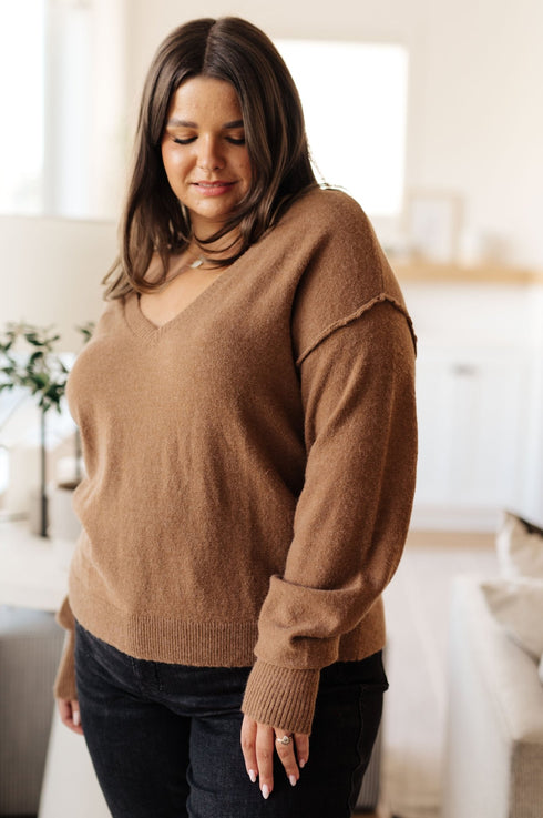Back to Life V - Neck Sweater in Mocha - LISA MARIE BOUTIQUE - Tops - Small -