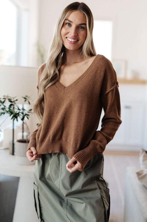 Back to Life V - Neck Sweater in Mocha - LISA MARIE BOUTIQUE - Tops - Small -