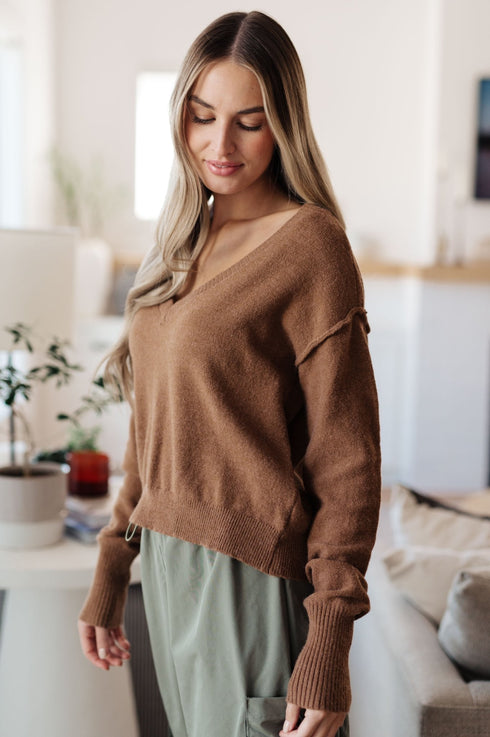Back to Life V - Neck Sweater in Mocha - LISA MARIE BOUTIQUE - Tops - Small -