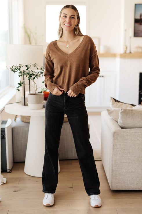 Back to Life V - Neck Sweater in Mocha - LISA MARIE BOUTIQUE - Tops - Small -
