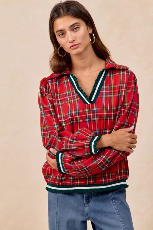 BiBi Christmas Plaid Collared Top with Ruffled Detail - LISA MARIE BOUTIQUE - RED - S -