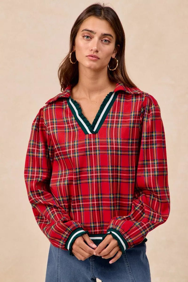 BiBi Christmas Plaid Collared Top with Ruffled Detail - LISA MARIE BOUTIQUE - RED - S -
