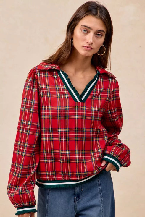 BiBi Christmas Plaid Collared Top with Ruffled Detail - LISA MARIE BOUTIQUE - RED - S -