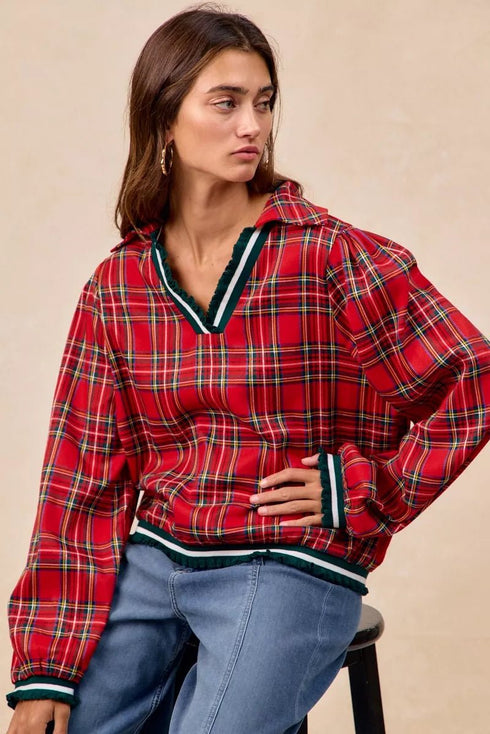 BiBi Christmas Plaid Collared Top with Ruffled Detail - LISA MARIE BOUTIQUE - RED - S -