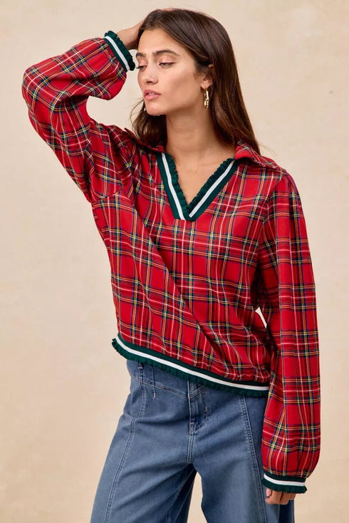BiBi Christmas Plaid Collared Top with Ruffled Detail - LISA MARIE BOUTIQUE - RED - S -