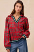 BiBi Christmas Plaid Collared Top with Ruffled Detail - LISA MARIE BOUTIQUE - RED - S -