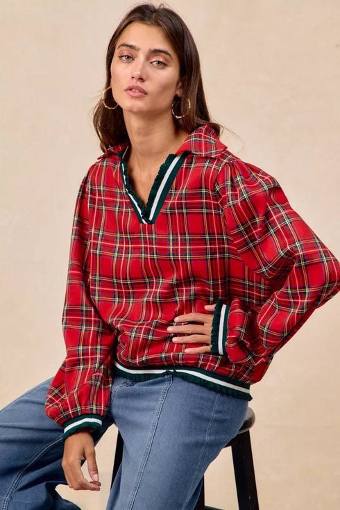 BiBi Christmas Plaid Collared Top with Ruffled Detail - LISA MARIE BOUTIQUE - RED - S -