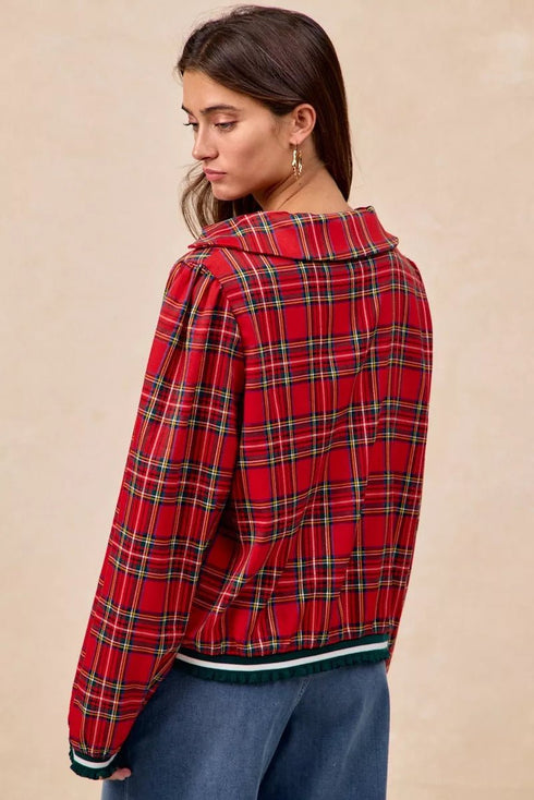 BiBi Christmas Plaid Collared Top with Ruffled Detail - LISA MARIE BOUTIQUE - RED - S -