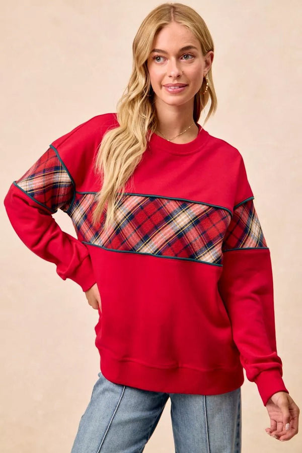 BiBi Christmas Theme Plaid Block Sweatshirt with Binding - LISA MARIE BOUTIQUE - RED - S -