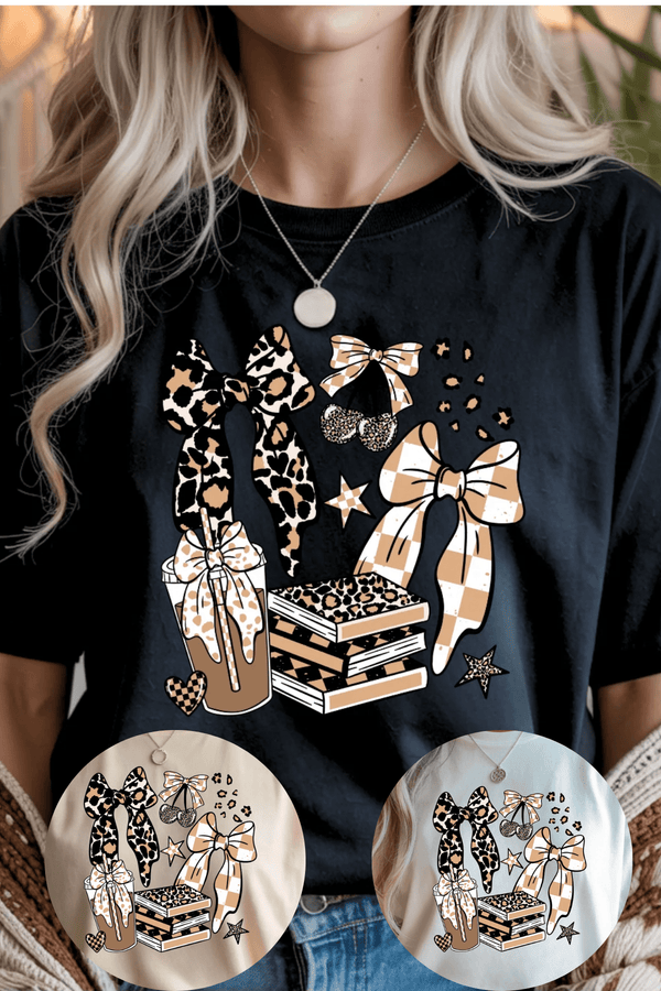 Books Bows Coffee T-Shirt - LISA MARIE BOUTIQUE - S - White Gildan Tee -
