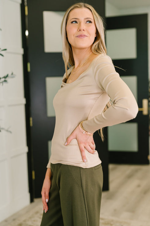 Can You Believe It Basic Long Sleeve Top In Sand - LISA MARIE BOUTIQUE - Womens - Small -