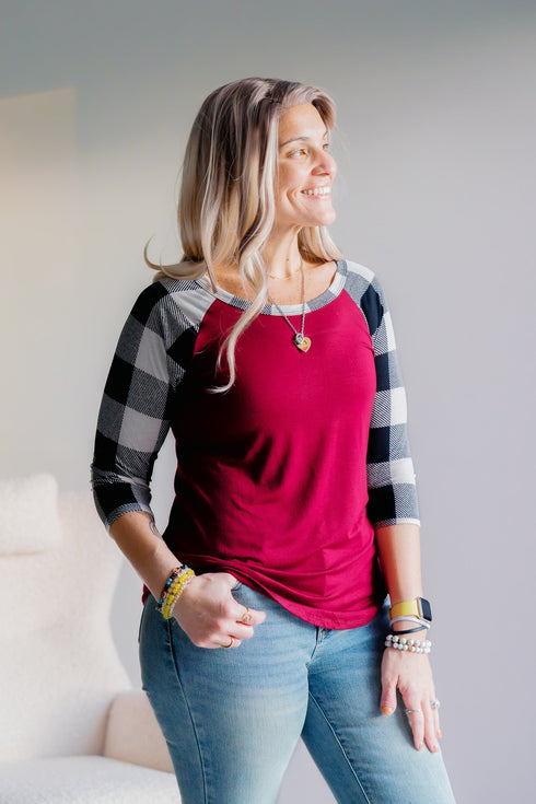 Cardinal Checks Raglan - LISA MARIE BOUTIQUE - S -