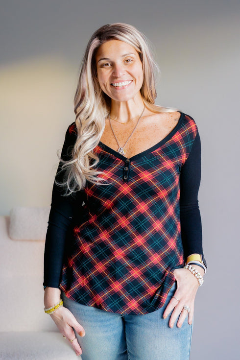 Crimson Cabin Plaid V - Neck - LISA MARIE BOUTIQUE - S -