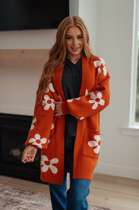 Enough Anyways Floral Cardigan in Burnt Orange - LISA MARIE BOUTIQUE - Layers - Small -
