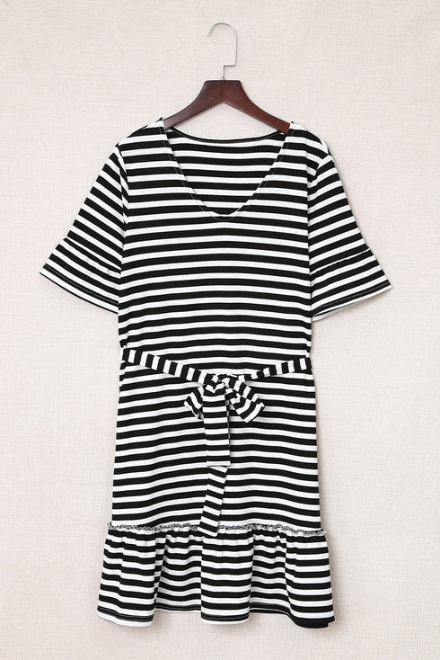 You Had Me At Stripes Tie Waisted Frill Trim Dress