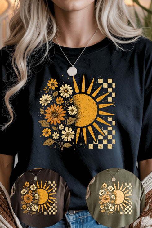 Floral Sun T-Shirt - LISA MARIE BOUTIQUE - Graphic Tee - S - Black Gildan Tee -