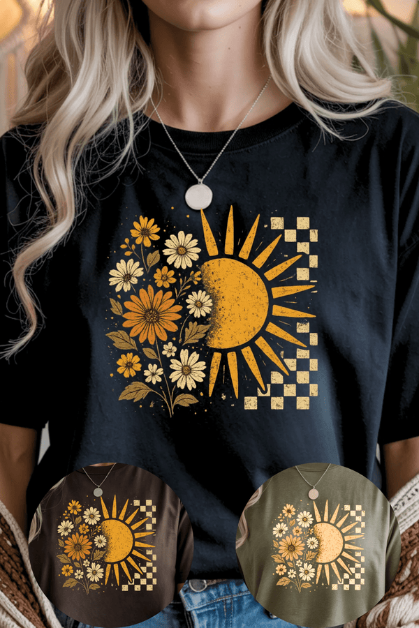 Floral Sun T-Shirt - LISA MARIE BOUTIQUE - Graphic Tee - S - Black Gildan Tee -