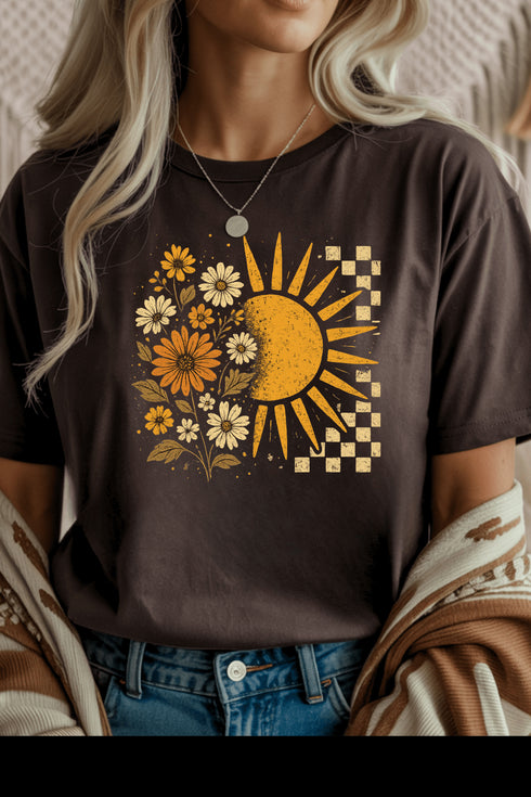 Floral Sun T-Shirt - LISA MARIE BOUTIQUE - Graphic Tee - S - Dark Chocolate Gildan Tee -