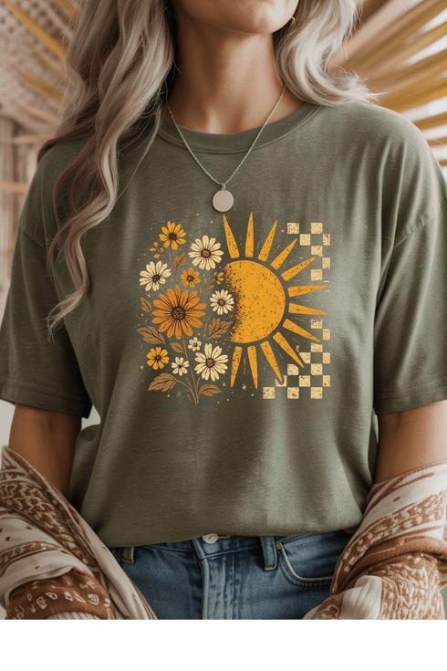 Floral Sun T-Shirt - LISA MARIE BOUTIQUE - Graphic Tee - S - Heather Military Green Gildan Tee -