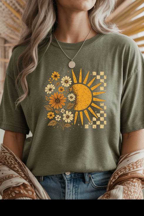 Floral Sun T-Shirt - LISA MARIE BOUTIQUE - Graphic Tee - S - Heather Military Green Gildan Tee -