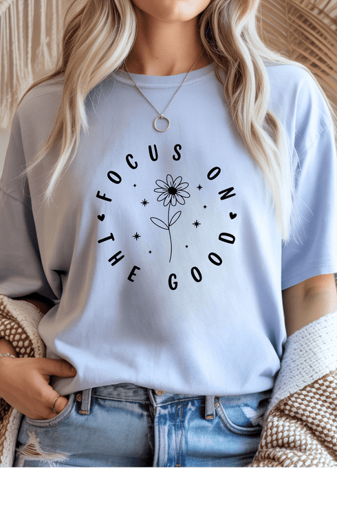 Focus On The Good T-Shirt - LISA MARIE BOUTIQUE - Graphic Tee - S - Light Blue Gildan Tee -