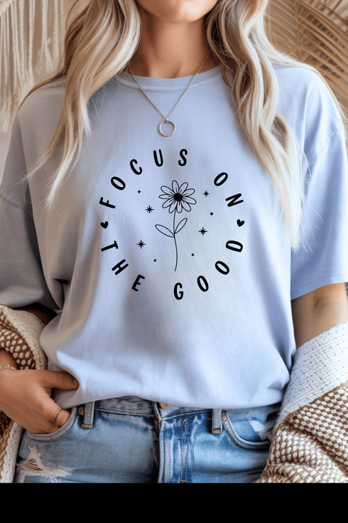 Focus On The Good T-Shirt - LISA MARIE BOUTIQUE - Graphic Tee - S - Light Blue Gildan Tee -