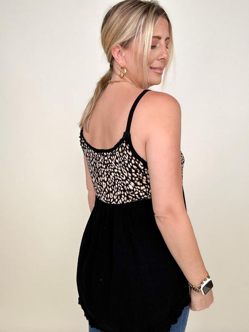Umgee Animal Print Button Front Detail Spaghetti Strap Top Black & Leopard