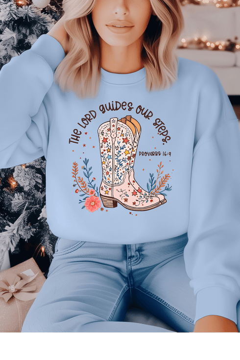 Guides Our Steps Sweatshirt - LISA MARIE BOUTIQUE - S - Light Blue Gildan Sweatshirt -
