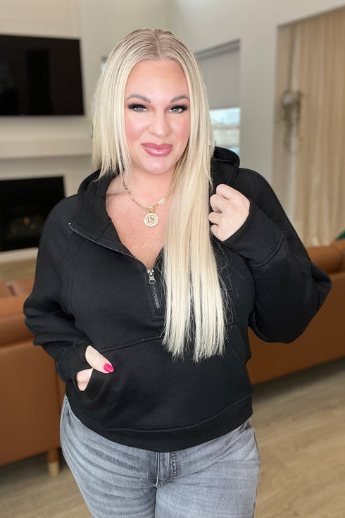 Half Zip Cropped Hoodie in Black - LISA MARIE BOUTIQUE - Tops - Small -