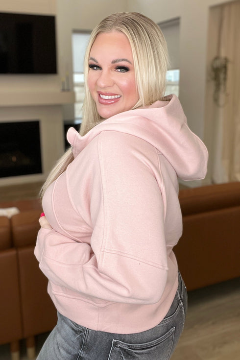 Half Zip Cropped Hoodie in Pink - LISA MARIE BOUTIQUE - Tops - Small -