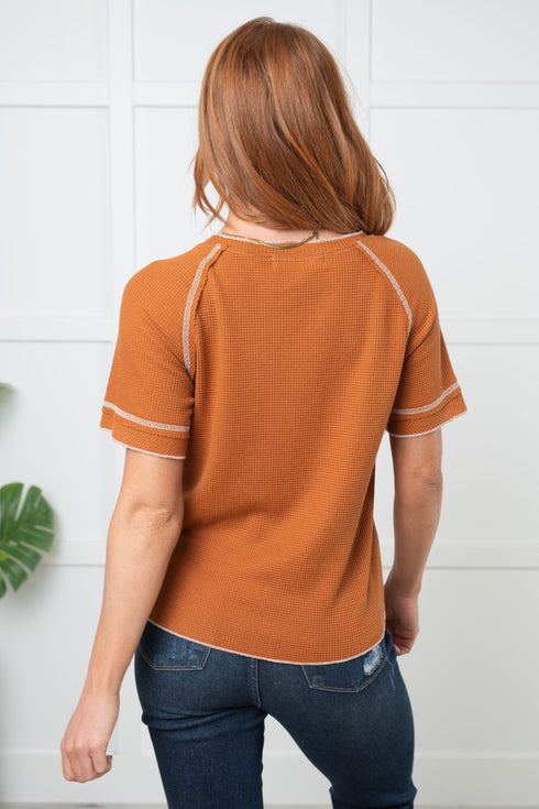 Heartbreaker Waffle Knit Tee in Chestnut - LISA MARIE BOUTIQUE - Tops - Small -