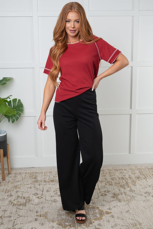 Heartbreaker Waffle Knit Tee in Cranberry - LISA MARIE BOUTIQUE - Tops - Small -