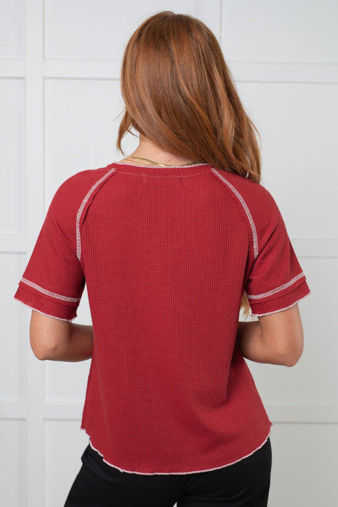 Heartbreaker Waffle Knit Tee in Cranberry - LISA MARIE BOUTIQUE - Tops - Small -
