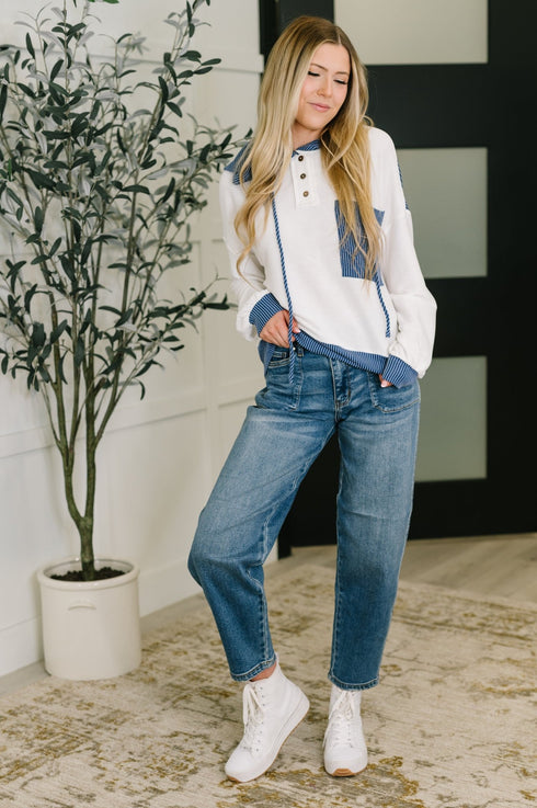 Here for Now Color Block Hoodie in Blue - LISA MARIE BOUTIQUE - Womens - Small -