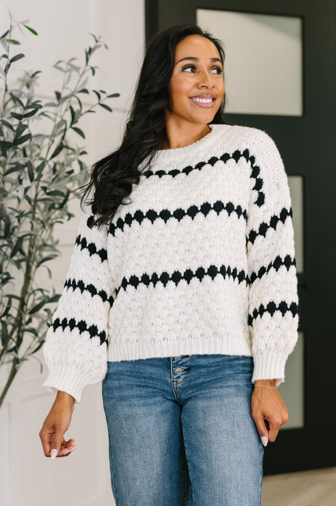 Ivy Lane Textured Sweater in White and Black - LISA MARIE BOUTIQUE - Womens - Small -