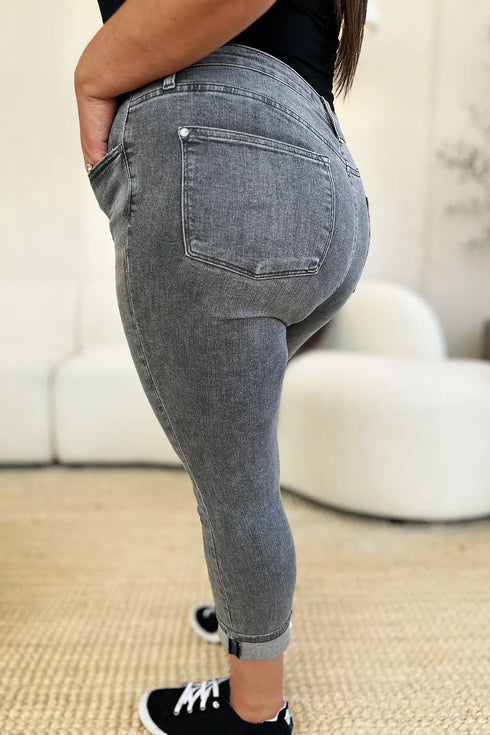 Judy Blue Full Size Button Fly High Waist Cuffed Capris - LISA MARIE BOUTIQUE - GRAY - 0(24) -