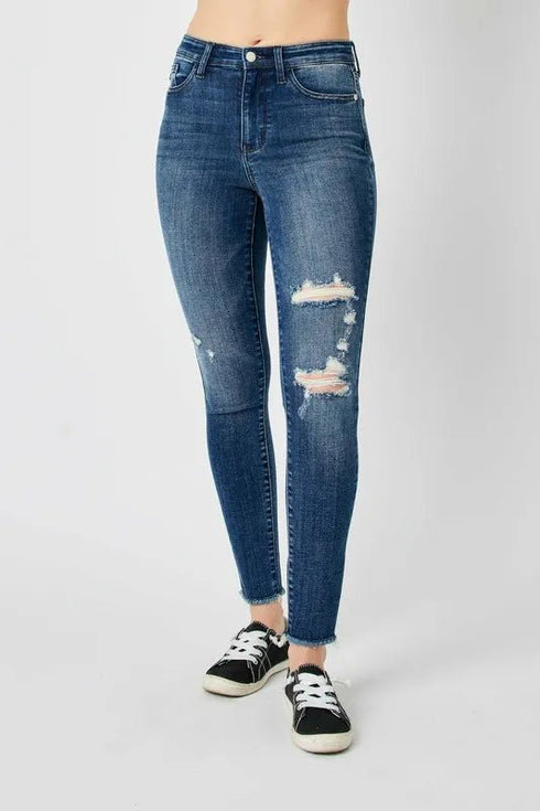 Judy Blue Full Size High Waist Distressed Skinny Jeans - LISA MARIE BOUTIQUE - Dark - 3/26 -