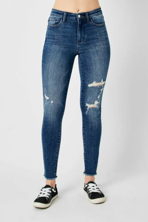 Judy Blue Full Size High Waist Distressed Skinny Jeans - LISA MARIE BOUTIQUE - Dark - 3/26 -