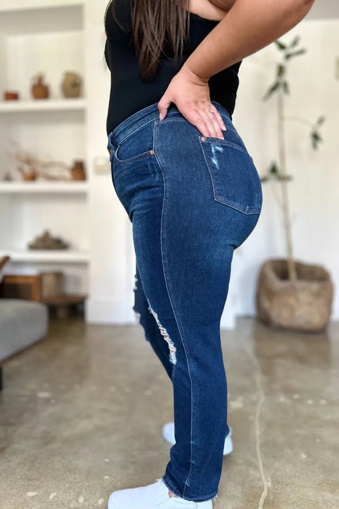 Judy Blue Full Size High Waist Rigid Magic Heavy Destroy Straight Jeans - LISA MARIE BOUTIQUE - Dark - 0/24 -