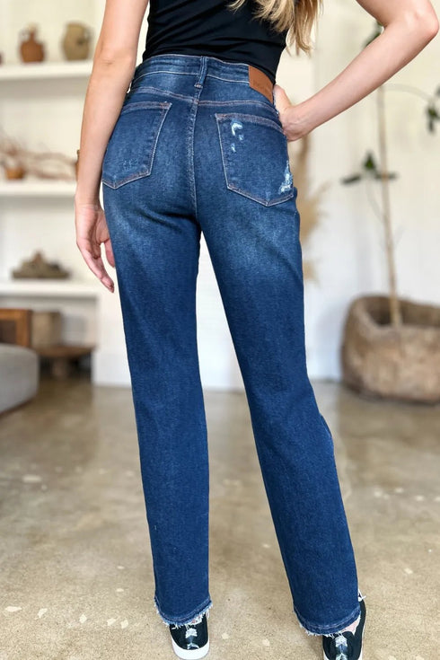 Judy Blue Full Size High Waist Rigid Magic Heavy Destroy Straight Jeans - LISA MARIE BOUTIQUE - Dark - 0/24 -