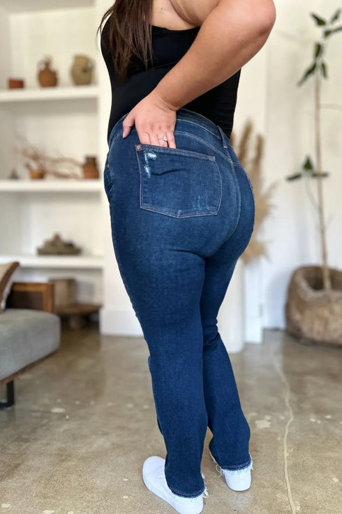 Judy Blue Full Size High Waist Rigid Magic Heavy Destroy Straight Jeans - LISA MARIE BOUTIQUE - Dark - 0/24 -