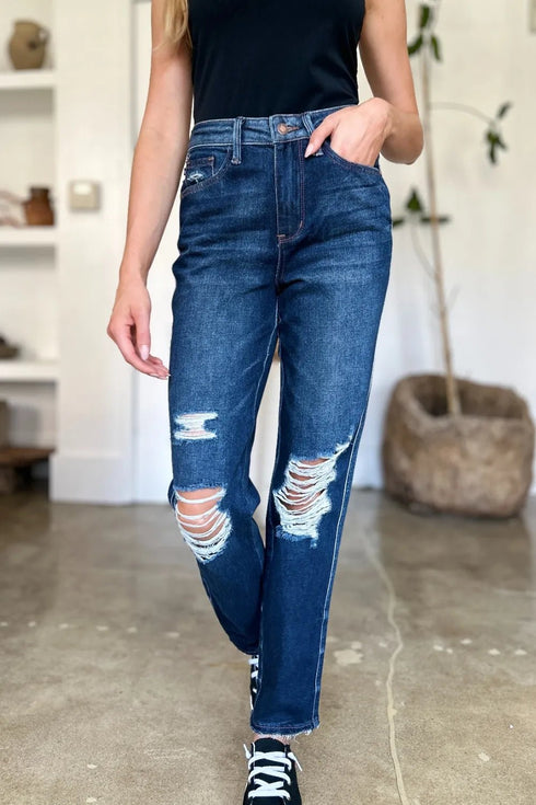 Judy Blue Full Size High Waist Rigid Magic Heavy Destroy Straight Jeans - LISA MARIE BOUTIQUE - Dark - 0/24 -