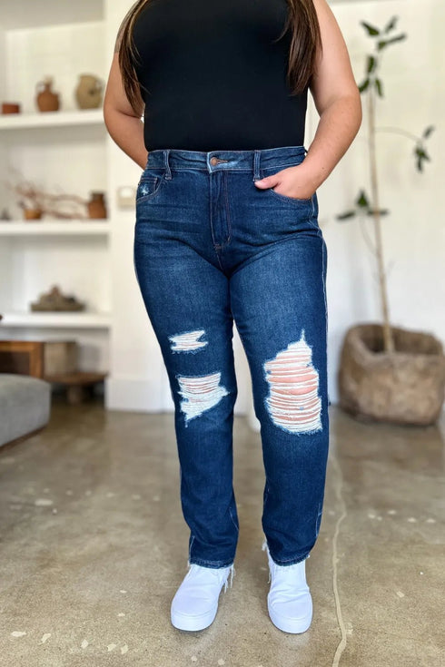 Judy Blue Full Size High Waist Rigid Magic Heavy Destroy Straight Jeans - LISA MARIE BOUTIQUE - Dark - 0/24 -