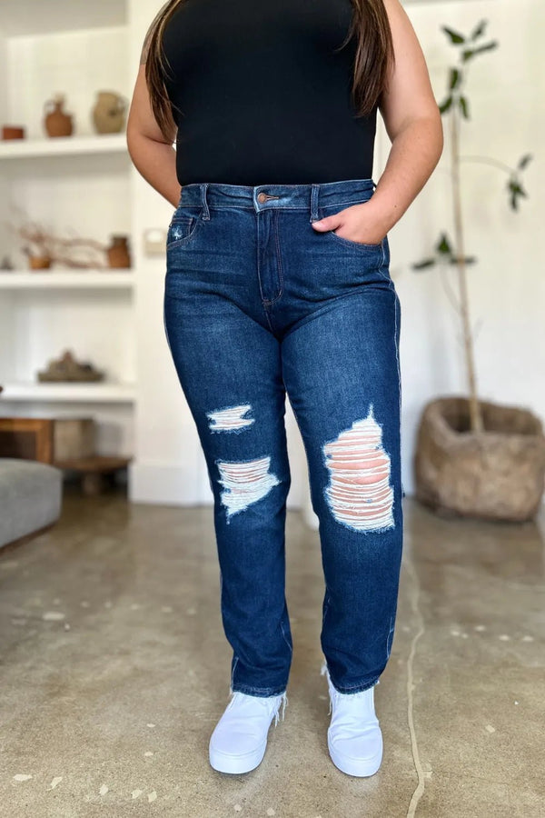 Judy Blue Full Size High Waist Rigid Magic Heavy Destroy Straight Jeans - LISA MARIE BOUTIQUE - Dark - 0/24 -