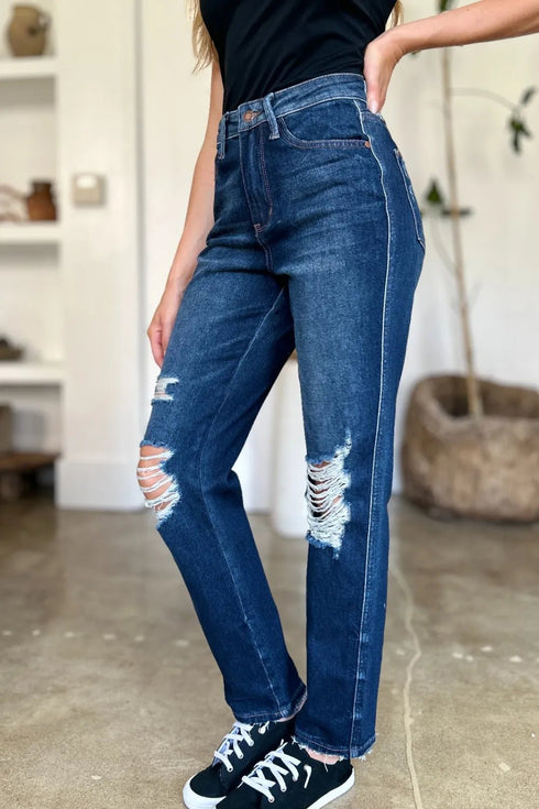 Judy Blue Full Size High Waist Rigid Magic Heavy Destroy Straight Jeans - LISA MARIE BOUTIQUE - Dark - 0/24 -
