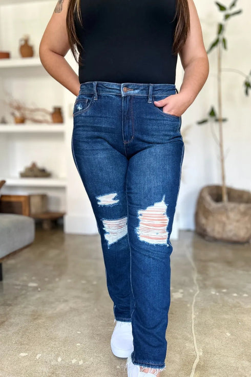 Judy Blue Full Size High Waist Rigid Magic Heavy Destroy Straight Jeans - LISA MARIE BOUTIQUE - Dark - 0/24 -