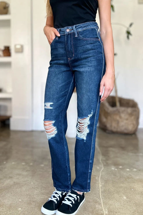 Judy Blue Full Size High Waist Rigid Magic Heavy Destroy Straight Jeans - LISA MARIE BOUTIQUE - Dark - 0/24 -
