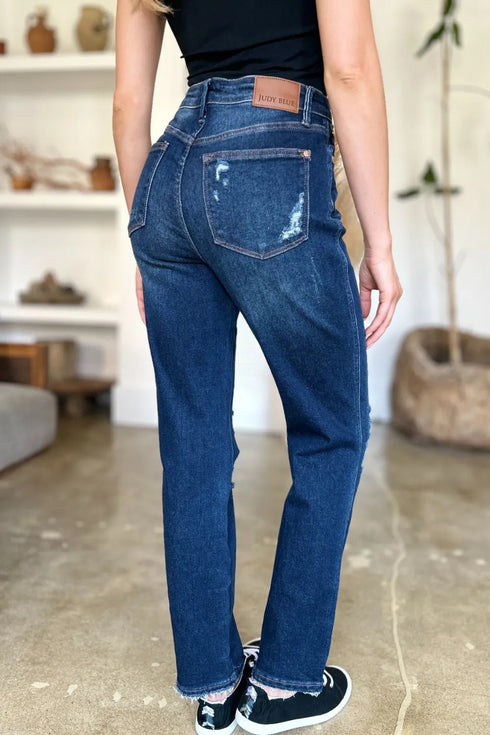 Judy Blue Full Size High Waist Rigid Magic Heavy Destroy Straight Jeans - LISA MARIE BOUTIQUE - Dark - 0/24 -